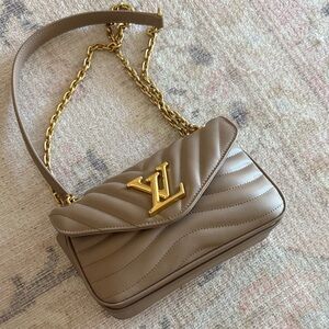 Beige Quilted Shoulder Bag with Gold Chain
